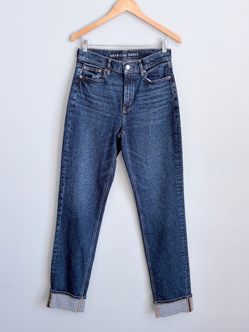 American Eagle Super High Rise Straight Dark Wash Cuffed Hem X-Long Women 4